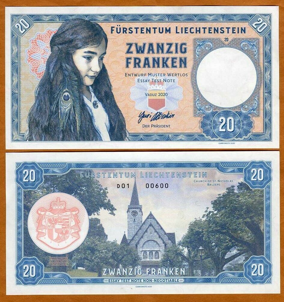 Liechtenstein, 20 Francs, 2020, Private Issue > Girl With Peacock Feather