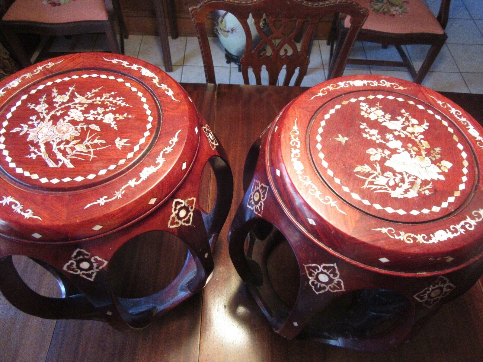 Two Antique Mop Inlay,  Rosewood Chinese Garden Seats In  Great Condition!
